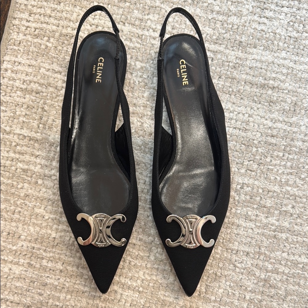 Celine Black triomphe flat grosgrain slingback with Pointed Toe
